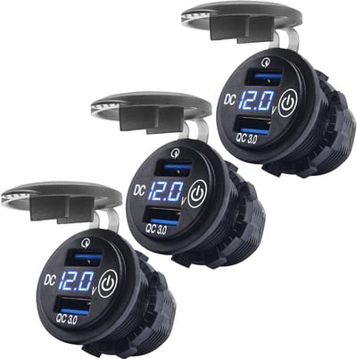 ProRide 12V USB Wandcontactdoos Inbouw - 2 USB Poorten - Schakelaar - Voltmeter - QC3.0 - Blauw - Voor 3 stuks