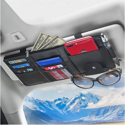 Famanu – Auto Zonneklep Organizer, Opbergzak Zonneklep Pouch met Rits voor Kaarten Licentie Registratie Pen Bril Document - Past op de meeste Auto SUV - Auto Interieur Accessoires voor Mannen Vrouwen