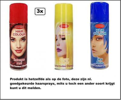 3x Haarverf/haarspray rood/geel/blauw 125 ml - Word bezorgd in doos ivm beschadiging