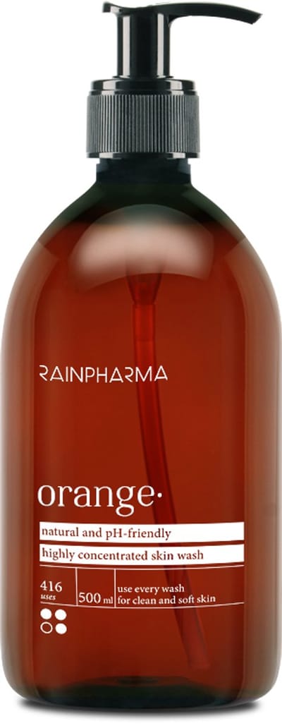 RainPharma Skin Wash Orange 1000 ml – Natuurlijke Douchegel – pH 5.5 – Geconcentreerde Body Wash – Goed voor 1 jaar – 1 Pomp per wasbeurt – Fruitige Huidverzorging – Zonder zeep – Grootverpakking Navulling