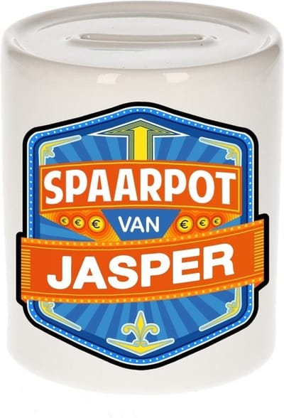 Bellatio Decorations Kinder spaarpot met naam - Jasper - keramiek - met dop - wit - Sparen - Spaargeld van Jasper