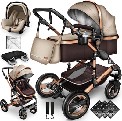 Buggy-Kinderwagen 3 in 1-kinderwagens Complete Set -One -Click Opvouwbare Kinderwagen-Kinderwagen Set voor Baby's Pasgeborenen XXL Set-(Bruin / Goud).