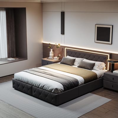 Tweepersoons Bed 140x200 met Opbergruimte, LED Verlichting en Gecapitonneerd Hoofdbord - Grijs Tweepersoonsbed