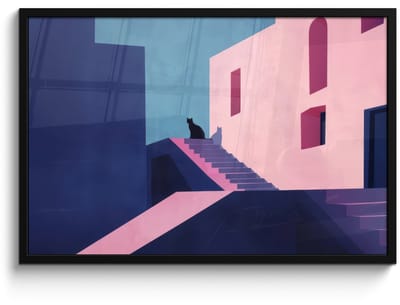 Poster in lijst - Fotolijst 90x60 cm - Posters - Kat - Trap - Gebouwen - Schaduwcontrasten - Posterlijst zwart - Decoratie - Wanddecoratie woonkamer - Muurdecoratie slaapkamer