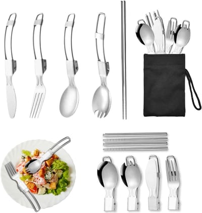 Opvouwbare kampeerbestekset, 5-delig opvouwbaar servies van roestvrij staal, multifunctioneel kampeerbestek, reisbestekset, inclusief zwarte nylon tas, voor kantoor, school, picknick, reizen