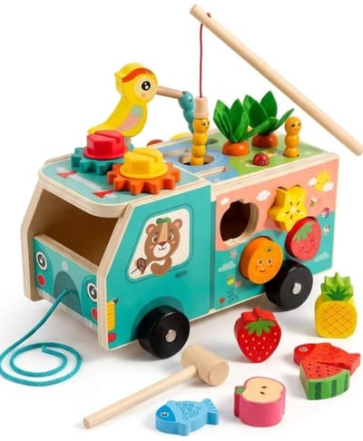 Houten Activiteiten Truck 5-in-1 – Montessori Speelgoed voor Peuters – Vormenstoof, Xylofoon, Klok & Tandwielen – Educatief Speelgoed – Speelgoed voor ontwikkeling en vorming