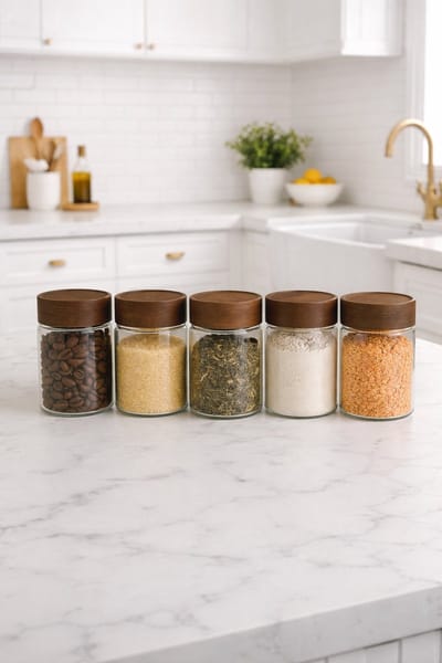 Mevaz 6-delige Luchtdichte Kruidenpotten Set van Glas met Houten Draaideksel – 325 ml – Ø6,5 × 12 cm – Voor Specerijen & Keukenopslag