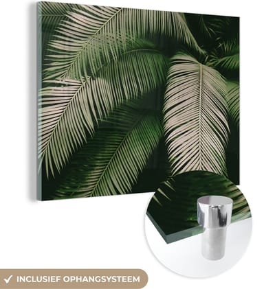 MuchoWow® Glasschilderij 40x30 cm - Schilderij acrylglas - Palmbladeren - Zomer - Tropisch - Foto op glas - Schilderijen