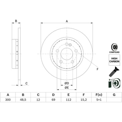 Remschijf BOSCH 0 986 479 H49 achter, volledig, sterk gecarboniseerd, 1 Stuk