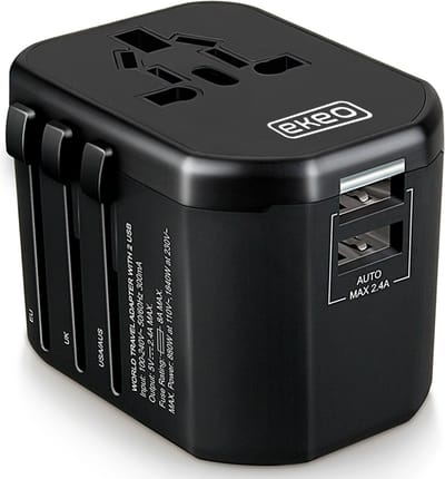 EKEO - Universele Wereldstekker Amerika 150+ landen - Reisstekker met 2 Quick USB Poorten - 2000 Watt - Zwart