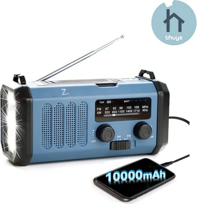 Thuys - Noodradio Opwindbaar en Batterij - Noodpakket - Noodradio Solar Opwindbaar - Powerbank Zonneenergie - Draagbare Radio - Praktisch
