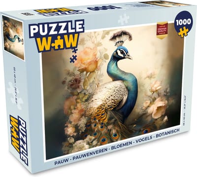 Puzzel Pauw - Pauwenveren - Bloemen - Vogels - Botanisch - Legpuzzel - Puzzel 1000 stukjes volwassenen