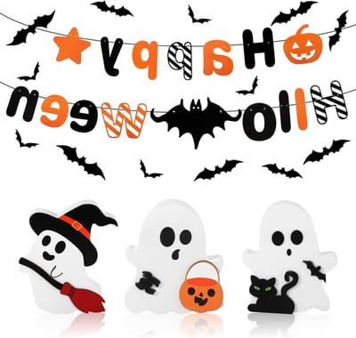 Set van 3 Halloween Decoraties met Houten Geesten en Vleermuizen - Perfect voor Feestelijke Versiering en Sfeervolle Decoratie
