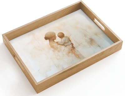 Dienblad hout 40x30 cm - Schootdienblad - Kind - Moeder - Waterverfschilderij - Borrelplank rechthoek - Plateau dienbladen