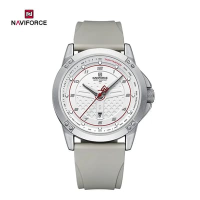 NAVIFORCE horloge voor mannen, met grijze siliconen polsband, mat zilveren uurwerkkast, witte wijzerplaat met zilveren wijzers ( model 8031 SWGY ), verpakt in mooie geschenkdoos