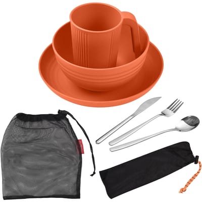 Camping Servies Set voor 1 Draagbare Tarwestro Mess Kit met Kom Bord Beker Vork Mes Lepel oranje