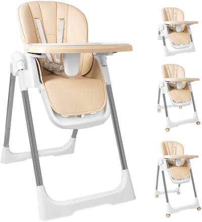 Soontrans - 4-in-1 Premium Kinderstoel - Meegroeistoel 0 tot 3 Jaar met Schommelfunctie - Inklapbare Eetstoel & Babystoel met Afneembare Eetblad - Verstelbare Rugleuninghoek - Peuterstoel - Kinderstoel op Wielen - Babystoel aan Tafel - Beige