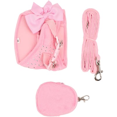Harnais pour Chien Laisse Mignon Nœud Décoration Strass Respirant Réglable Gilet pour Animaux de Compagnie Ensemble Corde de Traction M(for 4-6.5kg) rose