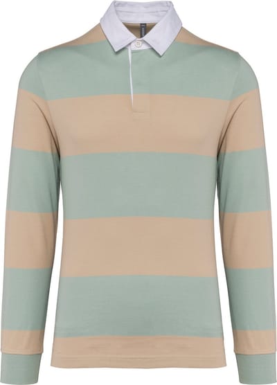 Gestreepte unisex polo lange mouwen merk Kariban maat 3XL Sage Groen/Sand