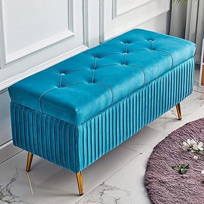 Opbergbank fluweel - Voetenbankje hal - Extra zitplaats - Grote opbergruimte - 80x40x45cm - Blauw