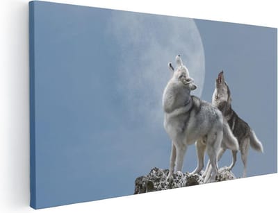 Artaza Canvas Schilderij Wolf - 40x20 cm - Klein - Wanddecoratie Dieren - Muurdecoratie Maan - Schilderijen Op Canvas Wilde Dieren