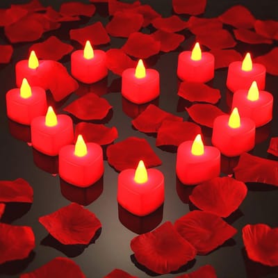 Mudder 12 stuks hartvormige LED-theelichtkaarsen, liefde LED-kaarsen met 200 stuks zijden rozenblaadjes strooien kunstmatige bloemblaadjes voor Valentijnsdag, bruiloft, tafel, feestdecoratie (rood