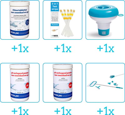 Zwembad Onderhoudspakket - Onderhoud Zwembad - bevat Chloor - Testrips - Chloordrijver - PH-min - PH-plus en Schoonmaakset (6-delig)