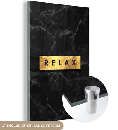 MuchoWow® Glasschilderij 40x60 cm - Schilderij acrylglas - Quotes - Relax - Gold - Marmer - Foto op glas - Schilderijen