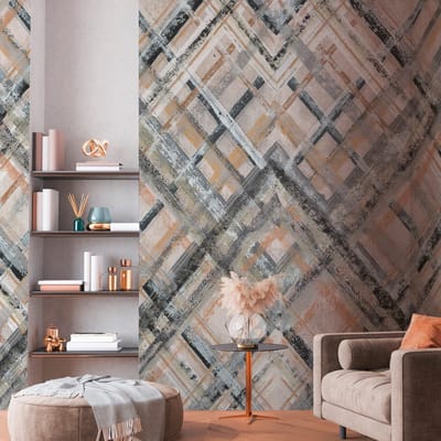 Fotobehang Profhome 392281-GU vliesbehang hardvinyl warmdruk in reliëf glad met ruitvormig patroon mat grijs beige blauwgrijs 2,65 m x 2,8 m