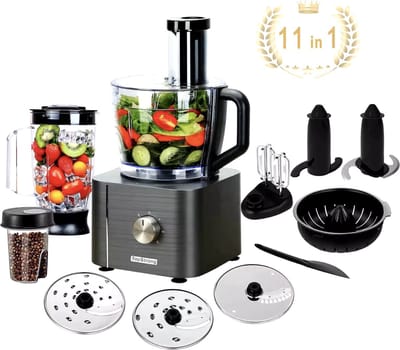 J&R Keukenmachine - Alles in 1 keukenmachine - Multifunctionele keukenmachine - Vleesmolen - Garde - Kneder - Shredder - Sinaasappelpers - Hakselaar - Blender - 1100W - Donkergrijs