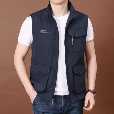 Printemps Nouveau Manteau Gilet Mince Homme Multipoches Col Montant Pêche Gilet Décontracté Gilet Grande Taille 5XL black