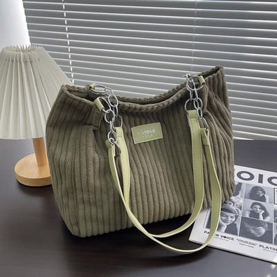 Stijlvolle Zachte Corduroy Draagtas voor Dames Grote Pluche Schoudertas met Rits Handtas voor Dames met Grote Capaciteit groen