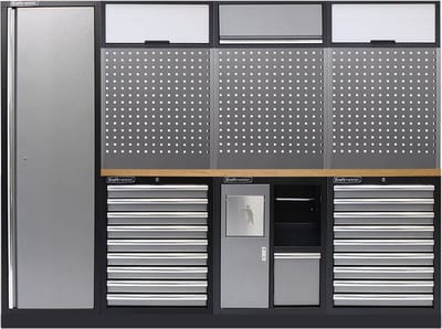 Kraftmeister werkplaatsinrichting - Werkbank met 3 wandkasten, 1 werkplaatskast en multiplex werkblad - Werktafel met 18 laden, 1 prullenbak met papierrolhouder en gereedschapswand - Complete set voor werkplaats of garage - Grijs