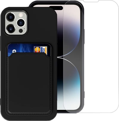 Geschikt voor iPhone 14 Pro Pasjes houder Hoesje Case + Screenprotector – Gehard Glas Cover - Portemonnee Hoesje Cover - Zwart