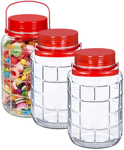 Alessandro XXL voedsel opslag container - 3x - glas - 4 liter - afsluitdop en hengsel - transparant/rood - Weckpotten - Opslagpotten - 17 x 27 cm