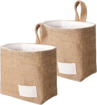 Thijox - 2 Stuks Kleine Hangende Mand Linnen Opbergzakken met Kat Print - Wandorganisatoren voor Keuken, Slaapkamer en Woonkamer - Perfecte Opbergoplo