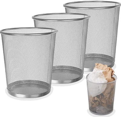 Set van 3 Stalen Prullenbakken 12L - Ideaal voor Kantoor, Slaapkamer en Badkamer - Metalen Mesh Design, Compact en Stijlvol