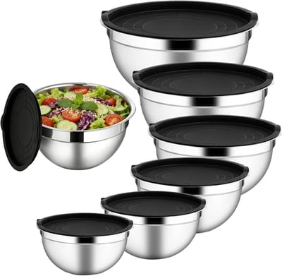 Famanu – Mengkom Set Met Deksels - 7 Delige Luchtdichte Deksels RVS Innestelbare Ronde Kommen -Salade Mengkommen | voor Sauzen Snacks Groenten Fruit