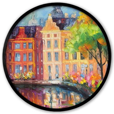Poster in lijst Rond - Fotolijst 40x40 cm - Posters - Olieverf - Amsterdam - Kunst - Kleurrijk - Ronde posterlijst zwart - Decoratie - Wanddecoratie woonkamer - Muurdecoratie slaapkamer