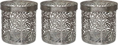 3x stuks theelichthouders/waxinelichthouders ijzer grijs met bloemenpatroon 10 x 10 cm - Windlichtjes/kaarsenhouders
