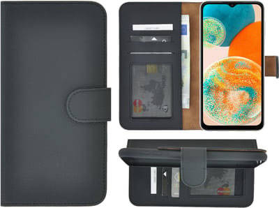 MoDo hoesje Geschikt voor Samsung Galaxy A23 - Echt Leer Book Case - Geribbeld Zwart