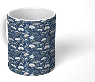Mok - Koffiemok - Nautisch - Chic - Bloemen - Wit - Blauw - Mokken - 350 ML - Beker - Koffiemokken - Theemok