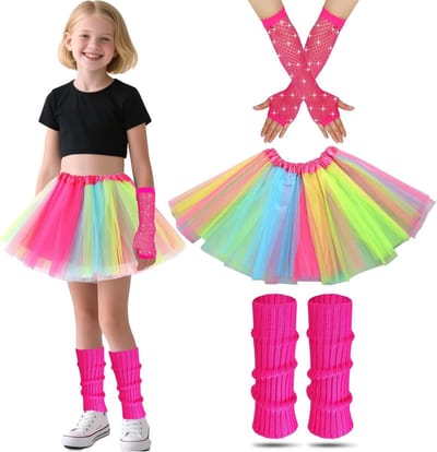 80s Rocker Kostuum voor Meisjes met Neon Beenwarmers, Visnet Handschoenen en Tutu Jurk voor Themaparty's en Feestjes