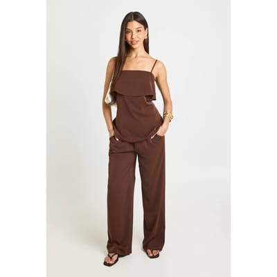 boohoo Dames Vierkante Hals Dubbele Laag Top En Broek Co-ord Set | Chocoladebruin | Maat: 34
