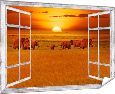 Gards Tuinposter Doorkijk Olifanten in het Wild - Zonsondergang - 180x120 cm - Tuindoek - Tuindecoratie - Wanddecoratie buiten - Tuinschilderij