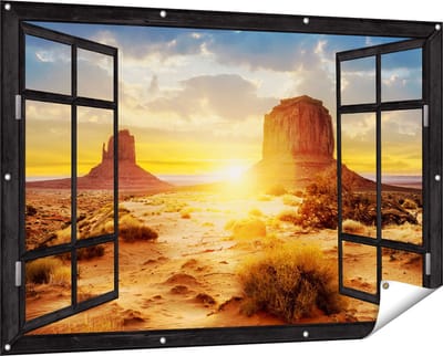 Gards Tuinposter Doorkijk Zonsondergang in Woestijn Monument Valley - 150x100 cm - Tuindoek - Tuindecoratie - Wanddecoratie buiten - Tuinschilderij