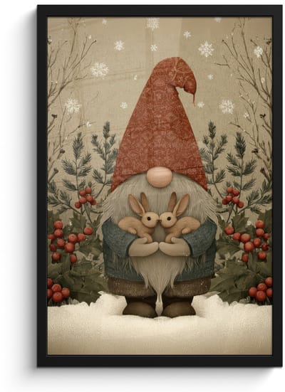 Poster in lijst - Fotolijst 40x60 cm - Posters - Kerstgnome - Konijntjes - Kleurrijk - Posterlijst zwart - Decoratie - Wanddecoratie woonkamer - Muurdecoratie slaapkamer - Kerstversiering - Kerstdecoratie voor binnen - Kerstmis