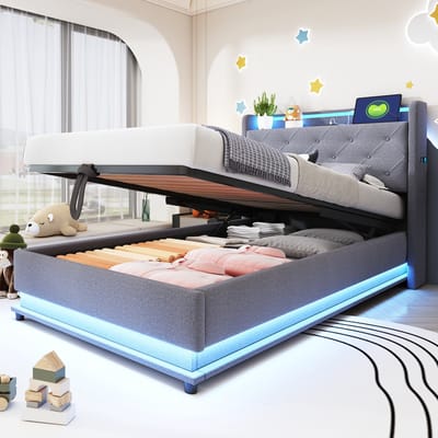 Wishdor – Kinderbed 90x200 cm – LED & USB‑C – Opklapbaar Hoofdbord – Hydraulische Opbergruimte – Linnen Grijs