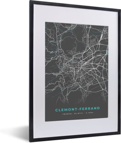 Fotolijst incl. Poster - Clemont-Ferrand - Frankrijk - Kaart - Plattegrond - Stadskaart - 30x40 cm - Posterlijst