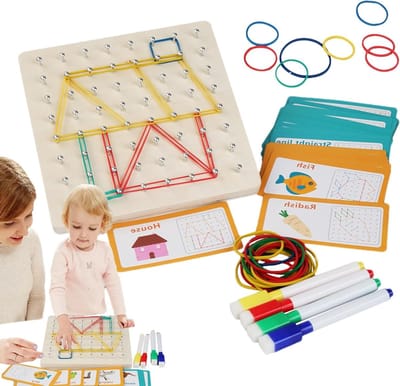 Houten Geoboard - Wiskunde Puzzel - Ruimtelijk Denken - Met Modelkaarten - 20.7 x 18.9 cm - Natuurlijk Hout